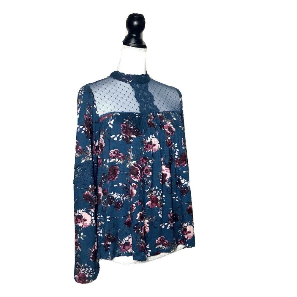 Taylor & Sage Lace Neckline Bell Sleeve Floral Top